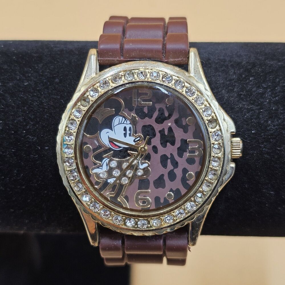 Disney Watch Brown Dial Brown Strap Minnie Mouse Leopard Crystal Bezel Quartz